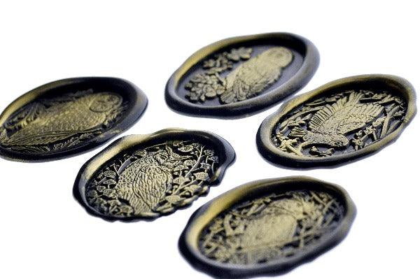 Barn Owl & Oak Tree Wax Seal Stamp - Backtozero B20 - Bird, black, botanic, Botanical, flowers, gold, gold dust, gold powder, Leaf, Leafs, Leaves, newarrivals, oak, oval, owl, Signature, signaturehandle, spring