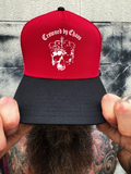 CROWNED CHAOS RED BLACK CURVED TRUCKER HAT