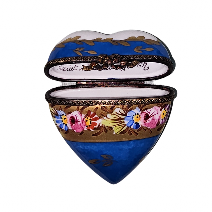 Dark Blue Floral Heart Box Porcelain Limoges heart French Trinket Box