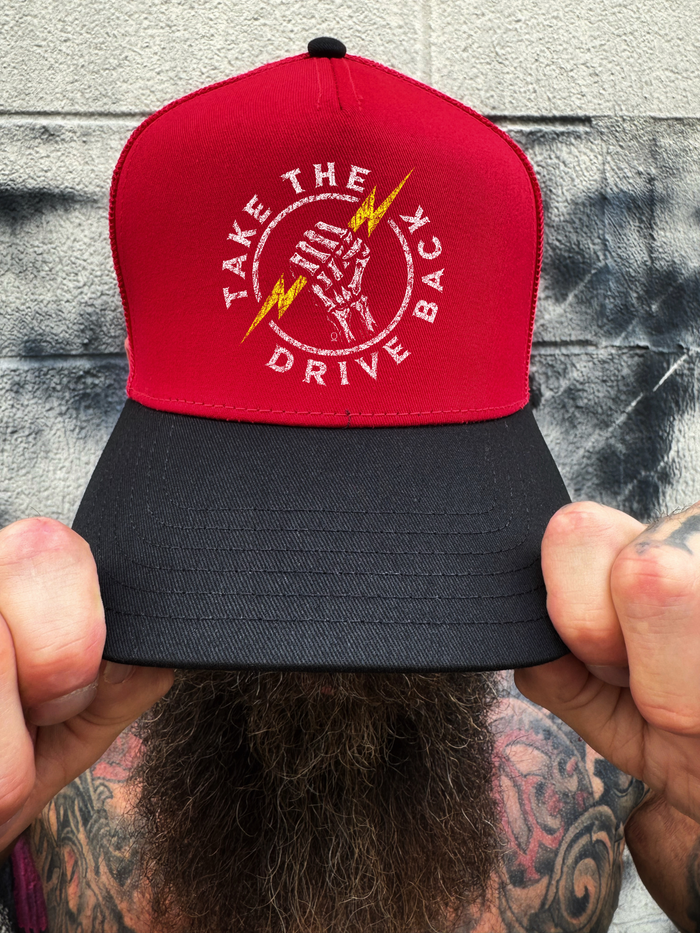 DRIVE BACK RED BLACK CURVED TRUCKER HAT
