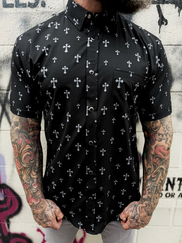 ESSENTIAL CHROME CROSS PEARL SNAP BUTTON UP