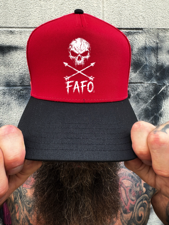 FAFO SKULL RED BLACK CURVED TRUCKER HAT