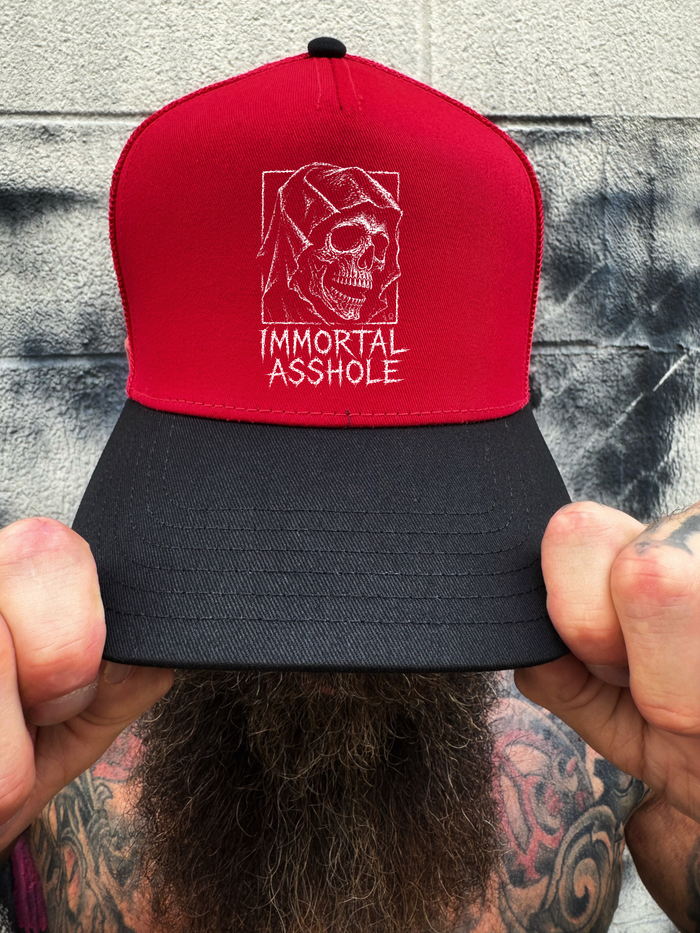 IMMORTAL ASSHOLE RED BLACK CURVED TRUCKER HAT