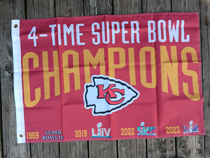 Kansas City Chiefs 2x3 Double Sided NFL Flag 4 Time Super Bowl Champions