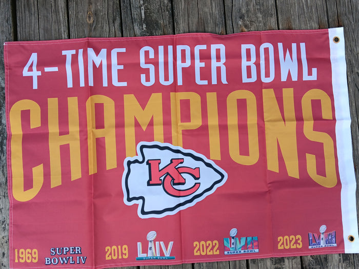 Kansas City Chiefs 2x3 Double Sided NFL Flag 4 Time Super Bowl Champions
