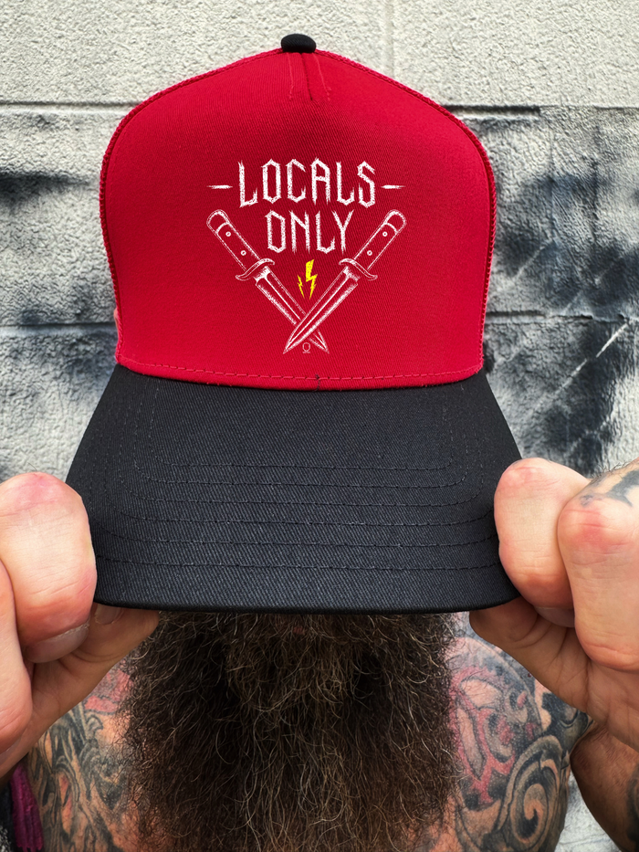 LOCALS ONLY RED BLACK CURVED TRUCKER HAT