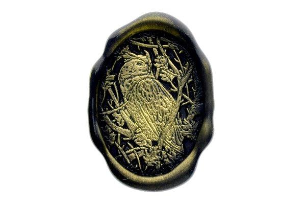 Long-eared Owl & Oak Tree Wax Seal Stamp - Backtozero B20 - Bird, black, botanic, Botanical, flowers, gold, gold dust, gold powder, Leaf, Leafs, Leaves, newarrivals, oak, oval, owl, Signature, signaturehandle, spring