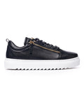 Martin Valen black low-top sneaker side view with gold zipper detail and white platform sole