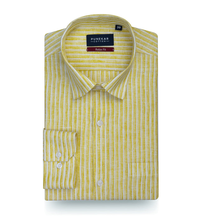 Mustard Yellow & White Striped Blend Cotton Shirt for Men - Punekar Cotton