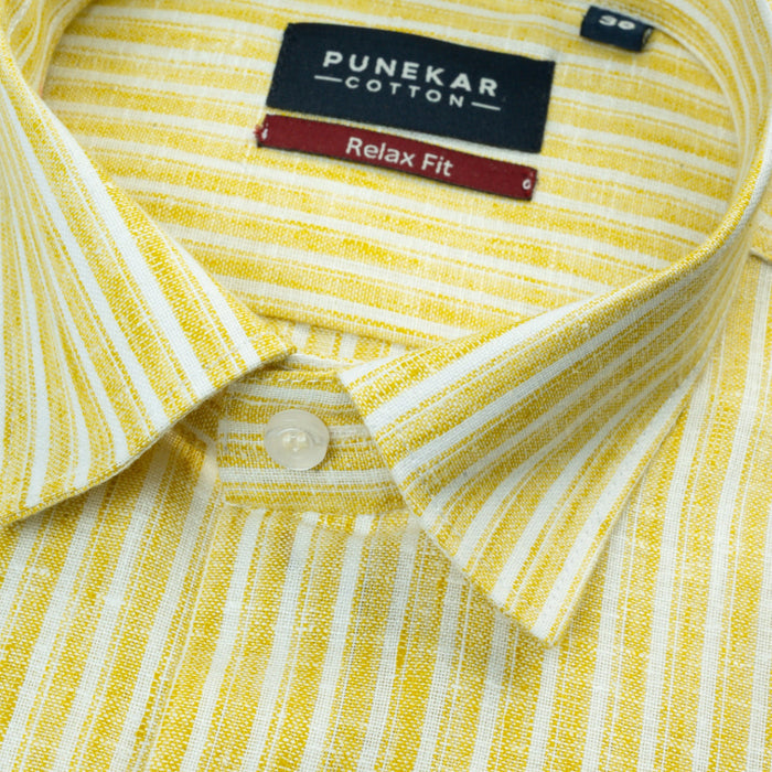 Mustard Yellow & White Striped Blend Cotton Shirt for Men - Punekar Cotton