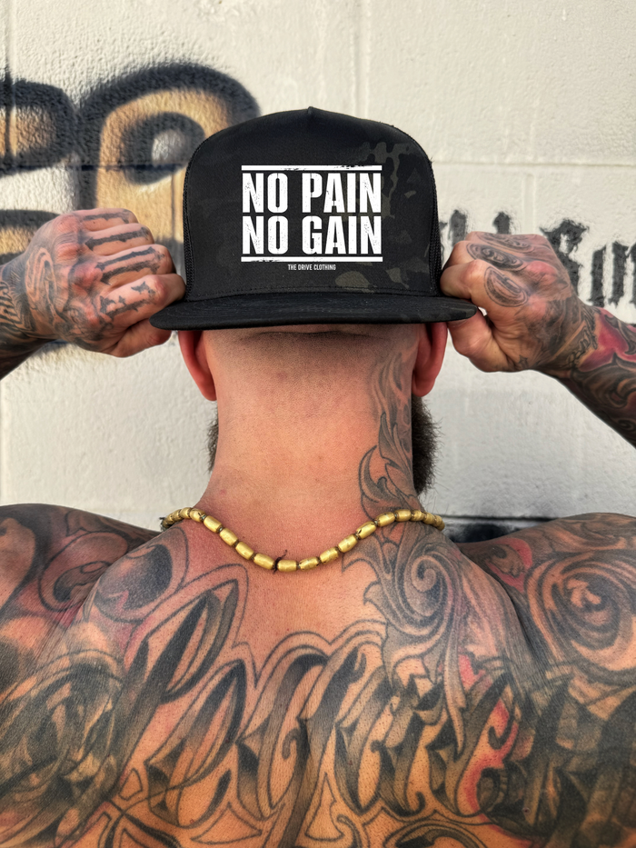 NO PAIN BLACK CAMO FLAT BILL HAT