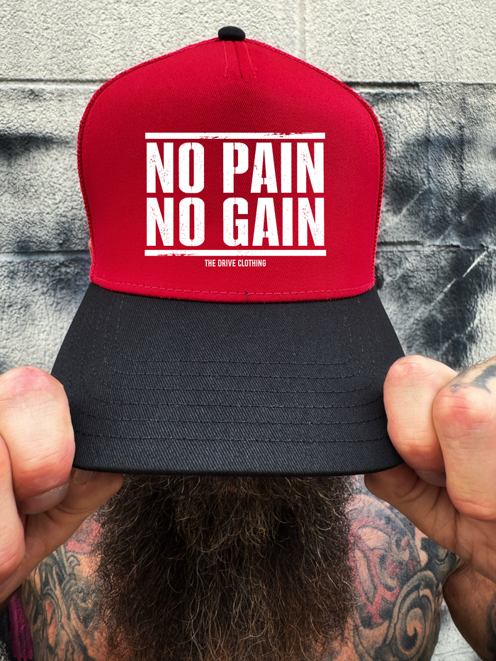 NO PAIN RED BLACK CURVED TRUCKER HAT