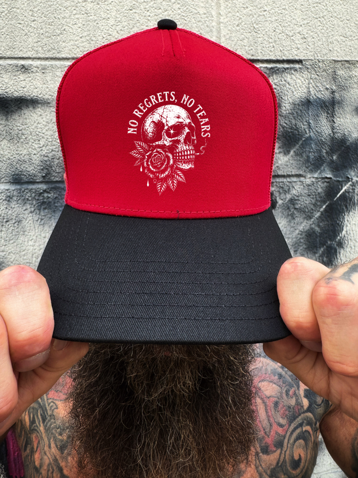 NO TEARS RED BLACK CURVED TRUCKER HAT