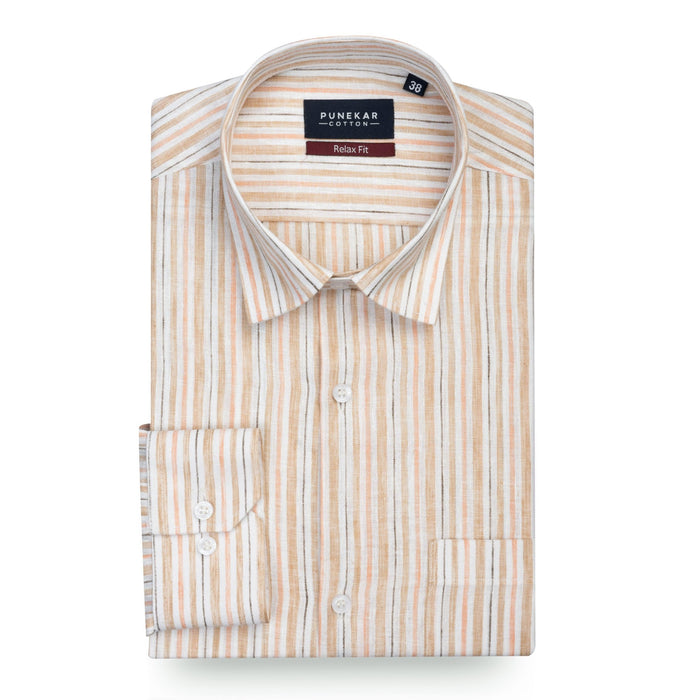 Peach & Beige Striped Blend Cotton Shirt for Men - Punekar Cotton