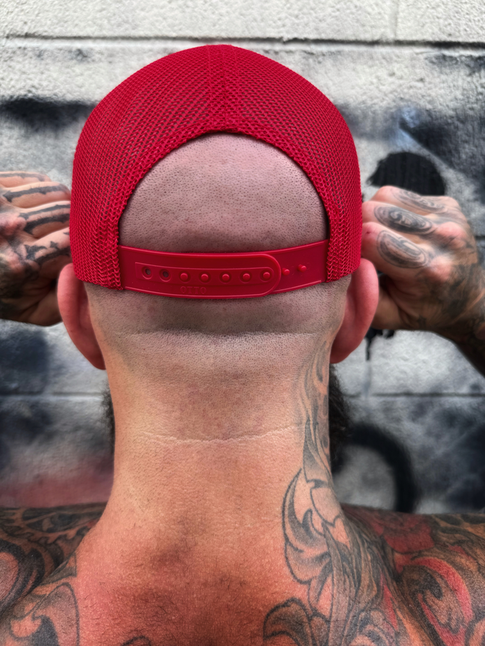 PRAYING CROSS RED BLACK CURVED TRUCKER HAT