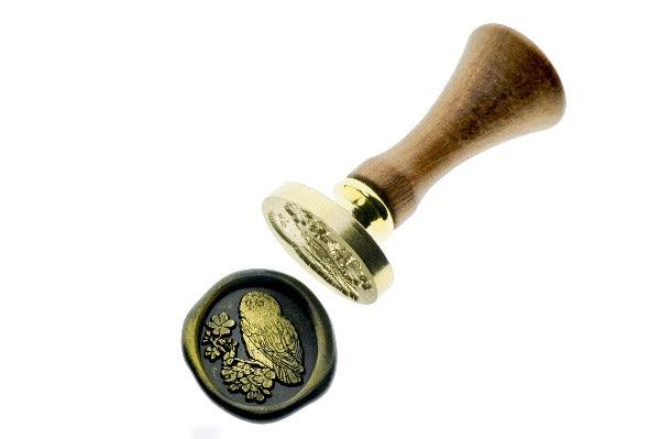 Small Owl Cherry Flowers Wax Seal Stamp - Backtozero B20 - apple flower, black, botanic, Botanical, Flower, flowers, gold, gold dust, gold powder, Leaf, Leafs, Leaves, newarrivals, oval, Signature, signaturehandle, spring