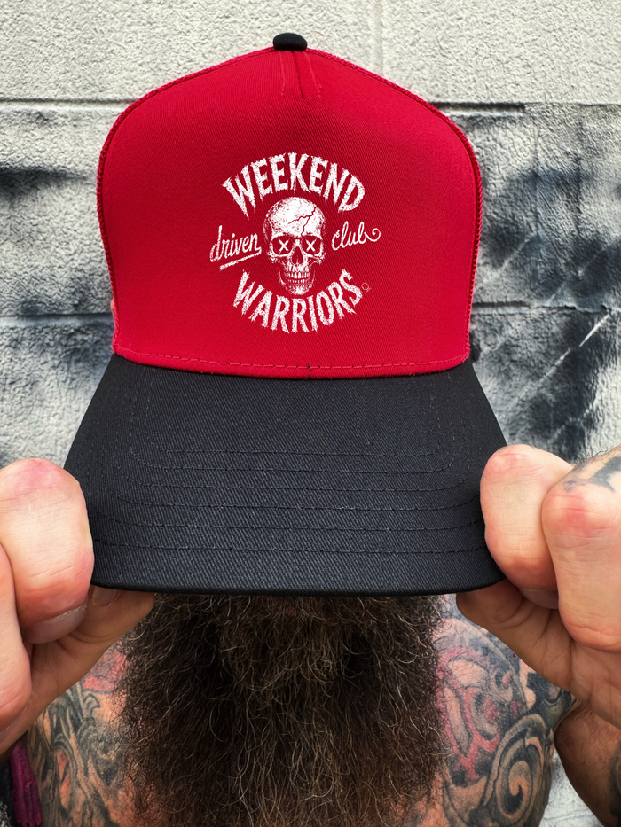 WEEKEND WARRIORS RED BLACK CURVED TRUCKER HAT