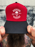 WEEKEND WARRIORS RED BLACK CURVED TRUCKER HAT